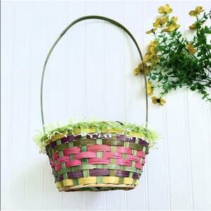 Vintage Easter Basket Woven Balsa Wood Pink Green Yellow Frilly Trim Tall Handle